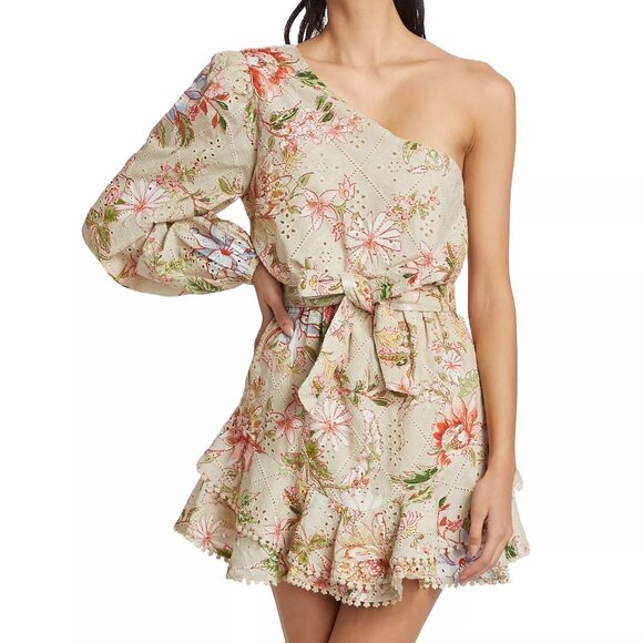HEMANT & NANDITA Floral Broderie Anglaise Tie-Waist One-Shoulder Mini Dress - Picture 1 of 9